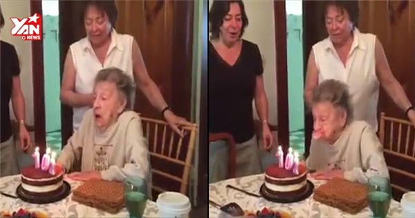 Cụ bà 102 tuổi thổi nến sinh nhật... bay cả răng giả